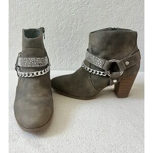 Gray Studded Chain Ankle Boots Womens Block Heel Moto Booties Jennifer Lopez